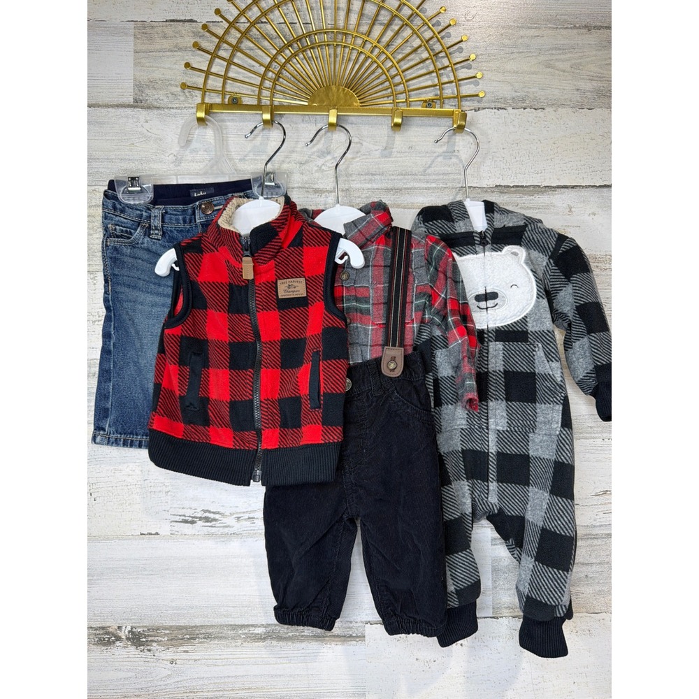 Carter's OshKosh Baby Boys 3M Plaid Fleece Denim Bundle CabinCore Warm - Picture 1 of 6